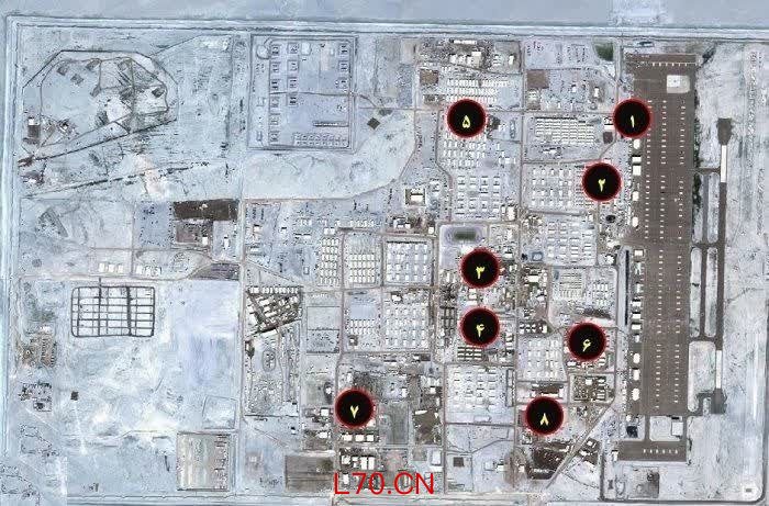 △伊朗军队发布的美军乌代里直升机基地遭打击后卫星图像