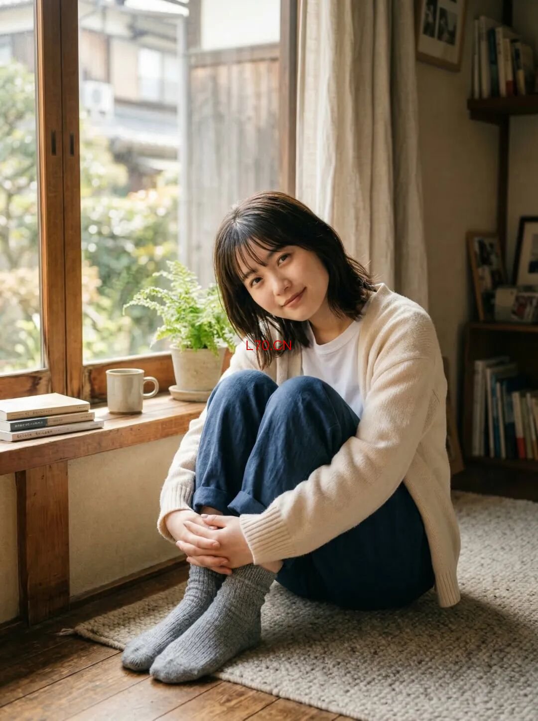 窗边抱膝